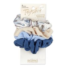 Made with soft fabric, this 4-piece set of scrunchies from Tayshia by Scunci comes in a mix of trending colors and prints. Blue and white print, cream, light blue, and blue bands accent ponytails, topknots, or braids with a secure hold that wont leave a dent, so you can let down your do without worry. Scrunchies protect hair from breakage and tangles occasionally caused by traditional elastic bands. Unisex style is great for teens and adults. Ideal for all hair types and textures, carry them in Blue Scrunchie, Trending Colors, Blue And White Print, Scrunchie Hair, Let Down, Casual Hairstyles, Blue Band, Travel Tote, Scrunchie Hairstyles