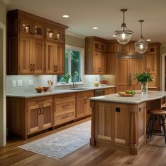 a large kitchen with wooden cabinets and white counter tops