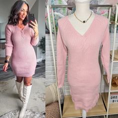 Brand: Cupshe Condition: New In Bag A Pink Sweater Dress With Long Sleeves, Cable Knit Material, And Mini Length. Casual Mini Sweater Dress For Date Night, Casual Long Sleeve Pink Bodycon Dress, Trendy V-neck Sweater Dress, Casual Mini Sweater Dress For Brunch, V-neck Mini Dress For Winter Day Out, Casual Bodycon Sweater Dress For Date Night, Winter Sweater Dress For Brunch, Pink Knee-length Sweater Dress, Pink Fitted V-neck Sweater Dress