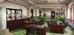 an office filled with lots of desks and chairs next to each other on top of green tile flooring