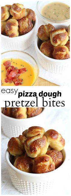 four different bowls filled with pizza dough next to each other and the words easy pizza dough pretzel bites