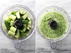 two pictures showing the process of making cucumbers in a food processor