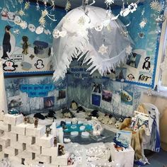 a room filled with lots of snow decorations