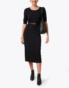 Simple and understated, Eileen Fisher's versatile black dress boasts long lines and a slim fit. The stretchy jersey knit fabrication ensures that it's just as comfortable as it is stylish. We recommend adding a slim belt to define the midi-length silhouette and pairing it with a leather handbag. Cheap Long Sleeve Shift Midi Dress, Eileen Fisher Outfits, Black Midi Dress With Belt, Black Ruffled Dress, Painted Pianos, Skirt And Top Dress, Eileen Fisher Dress, Womens Winter Fashion Outfits, Stretch Knit Dress