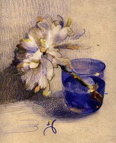 a drawing of a flower in a blue vase