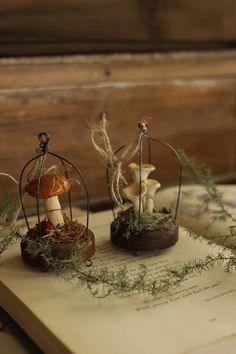 two small figurines sitting on top of an open book with moss growing out of them