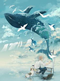 a man sitting on a bench next to a whale in the ocean with birds flying around him