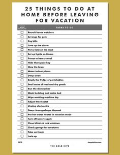 the 25 things to do at home before leaving for vacation in this printable checklist