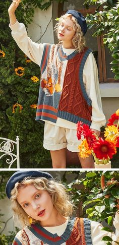 Van Gogh Knit sweater vest – Galartsy Sweater Vest Design, Cool Sweater Vest, Outfits With Vests Aesthetic, Cute Sweater Vest, Funky Vintage Outfits, Van Gogh Outfit Ideas, Styling A Sweater, Outfits With Sweater Vest, Van Gogh Outfit