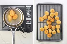 two pictures side by side showing the process of cooking fried food