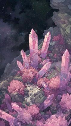 some pink crystals are in the middle of flowers and rocks, with stars above them