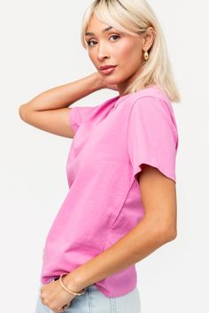 Staple Tee Comes in multiple colors Crewneck Relaxed fit Fits true to size If between sizes, consider sizing up *OUT OF STOCK? Select your size & sign up for restock notifications. Fabric: 100% Cotton Wash/Care: Hand wash TRY ON VIDEOS MEASUREMENT & FIT MODEL INFO Pink Stretch Crew Neck Shirt, Pink Stretch Casual T-shirt, Pink Graphic Tee Cotton Top, Pink Stretch Cotton Shirt, Stretch Cotton Pink Shirt, Pink Relaxed Fit T-shirt For Everyday, Pink Short Sleeve Cotton Tops, Basic Pink Crew Neck T-shirt, Basic Pink Short Sleeve Tops