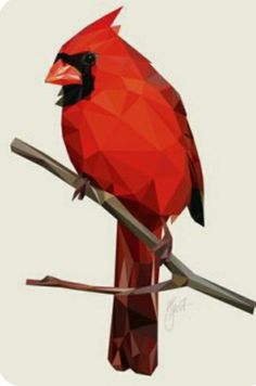 a red bird sitting on top of a tree branch in low poly art style with white background