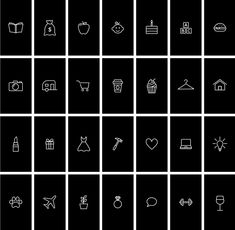 the black and white icons are arranged in square rows, each with different symbols on them