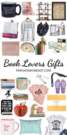 books, magazines and other items are featured in this collage with the words book lovers gifts