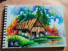 a drawing of a hut with trees and water in the foreground, on top of a table