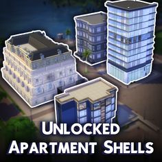 an apartment building with the words unlocked in front of it, and three different images