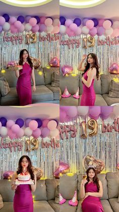 a woman in a pink dress standing next to a couch with balloons and streamers