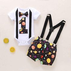 Baby Boy Bow Tie Decor Number Pattern Bodysuit & Galaxy Print Overalls - PrettyKid Birthday Dress Ideas, Baby Boy Bow Tie, 1st Birthday Dress, Romper Designs, One Year Birthday, Boys Style, Layette Set