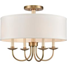 a chandelier with three lights and a white shade on the drum light fixture