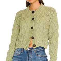 Ultra Cozy Button Front Cardigan In Emerald Moth Green Color Featured In A Cropped Silhouette With A Slim Fit. Slightly Open Weave Wooden Buttons Cinched Cuffs Emerald Moth, Moth Sweater, Cardigan Set, Button Front Cardigan, Wooden Buttons, Open Weave, Free People Sweaters, Revolve Clothing, Free People Sweater