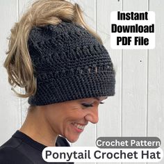 a woman wearing a crochet hat with text over it