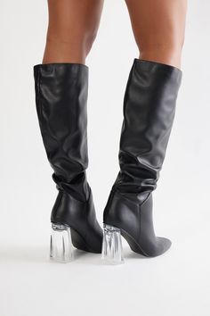 Available In Black. Knee High Heeled Boots Ruched Detail Pointed Toe 3.75" High Heel Clear Block Heel Imported | Cade Knee High Boots in Black size 8 by Fashion Nova Clear Block Heels, High Heeled Boots, Knee High Heels, High Heel Boots Knee, High Heel Boots, Knee High Boots, High Boots, Black Boots, High Heel