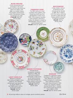 an advertisement with many different plates and names on the front page, including one for each plate