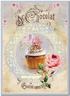 a card with a cupcake and rose on it