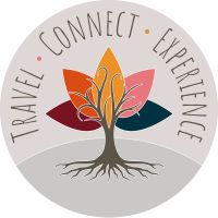 the travel connect experience logo with a tree on it's side and leaves in the center