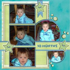 three pictures of two babies in blue and green with stars on the top, one is smiling at the camera