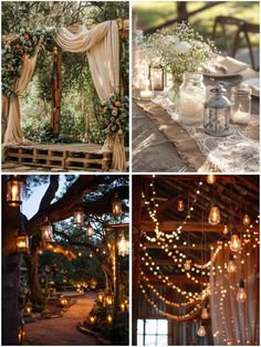 four different pictures with lights hanging from the ceiling and candles in mason jars on the table