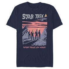 a star trek t - shirt with an image of three men standing in the desert