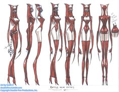 some sketches of different female body shapes and hair styles, all with long legs and bras