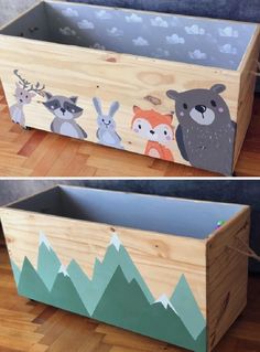 two wooden boxes with animals painted on them