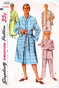 SIMPLICITY 1433: Use this mid-1950s vintage sewing pattern for men to sew a timeless sleepwear wardrobe, including short pajamas, long pajamas, and robe. Scroll down to learn more about the size, pattern condition, and garment details. SIZE INFORMATION: Men Size Medium Neck 15-15.5 inches Chest 38-40 inches Waist 34-36 inches PATTERN CONDITION: COMPLETE, UNUSED (instructions and all pattern pieces (uncut and in original folds)) GARMENT INFORMATION: Robe/pajama top details: - loose-fitting - hip and breast patch pockets trimmed with bands and corded piping - cardigan V-neckline trimmed with band and corded piping - long sleeves trimmed with band and corded piping or short sleeves - belt carriers and tie belt - front button closure Pajamas pants details: - long straight legs - fly front butt 1950s Outfit Men, Pajamas Drawing, Fitted Retro Sleepwear For Loungewear, Retro Fitted Sleepwear For Loungewear, Retro Long Sleeve Sleepwear For Loungewear, Pajamas Men, Retro Long Sleeve Sleepwear For Home, Mens Pajama Pattern, 1950s Sleepwear