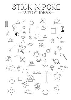 the cover of stick n poke's tattoo ideas, which includes symbols and other things