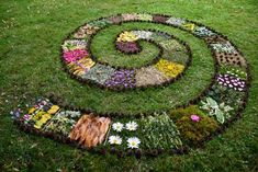 a circular garden design made out of flowers and grass