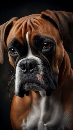 a brown and white boxer dog looking at the camera with an intense look on his face