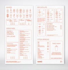 an orange and white menu design for a restaurant with food items on the front, side and back