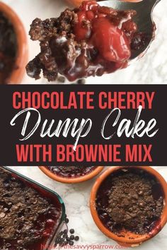 chocolate cherry dump cake with brownie mix is shown on a spoon and in small bowls