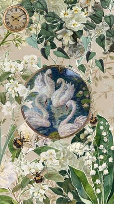 two white swans surrounded by green leaves and flowers, with a clock in the background