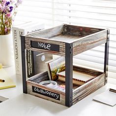 2 Tier Industrial Style Torched Wood Desktop Document Tray with Chalkboard Labels - MyGift Enterprise LLC Rustic Desk Decor, Home Filing System, Torched Wood, Torch Wood, Wood And Black Metal, Rustic Office, Paper File, Rustic Desk, Chalkboard Labels