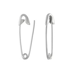 a pair of silver colored metal hooks on a white background with clippings attached to them