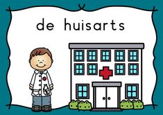 a boy standing in front of a building with the words de husarts on it