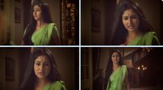 four different pictures of a woman in a green sari with long black hair and eyes closed