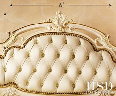 an ornate gold and white bed frame is shown with measurements for the headboard or foot board