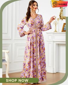 Women's Arabian Polyester Full Sleeves Floral Pattern Dress V-neck Floral Print Dress For Eid, Fitted Casual Dress For Eid, Casual Fitted Dresses For Eid, Eid Fitted V-neck Dress, Floral Print V-neck Dress For Eid, Fitted V-neck Dress For Eid, Printed V-neck Dress For Eid, Fitted Floral Print Dress For Eid, Printed Fitted Dress For Eid