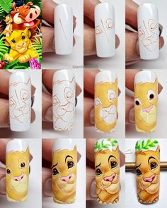 Disney characters step by step nail design Cartoon Nails Disney, Cartoon Character Nails Step By Step, Winnie The Pooh Nail Art Step By Step, Cartoon Nail Art Step By Step, Cartoon Character Nail Art, Nail Designs Cartoon Disney, Character Nail Art Step By Step, Nagel Inspiration, Disney Princess Nail Art