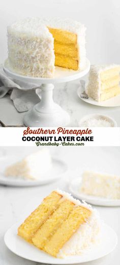 two different images of coconut layer cake on white plates with the same slice cut out and ready to be eaten